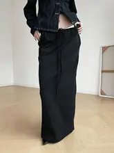 極上の柔らかさを感じる黒の後ろスリットドロストウエストスカート【フィット・ローネック・カジュアル】