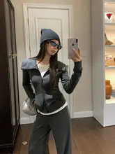 グレーの細ストライプ柄ジャケット【ラペルデザイン・カジュアル・直筒パンツ】（セットアップ対応）