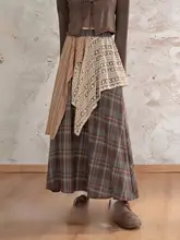 レトロブラウン不規則チェックAラインスカート【秋冬用・ロング丈】（セットアップ対応）