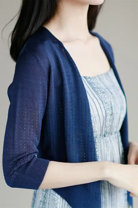 涼しげな開衫女子用夏用短丈カーディガン【薄手・中袖・透かし編み】