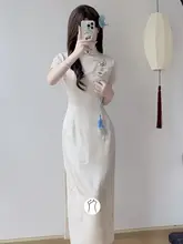 白色の醋酸刺繍チャイナドレス【若者向け・美しいデザイン・インナー対応】（セットアップ対応）
