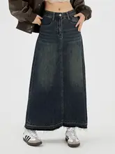 レトロなデニムハイウエストミディスカート【Aライン・スリット入り・秋冬用】（セットアップ対応）