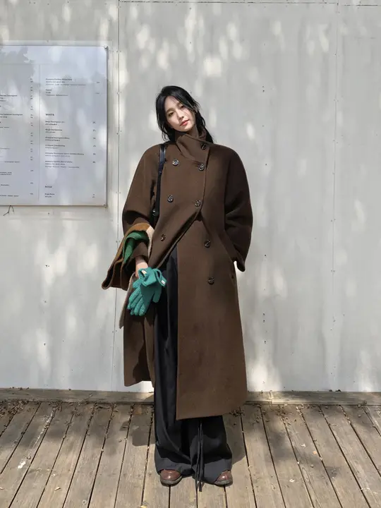 SMBL RAIN ブラウンバンドカラー ダブルボタン デザインコート【秋冬・レトロ・ウール混】
