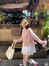 柔らかいピンクのカーディガン【韓国風・ニット・透かし編み】（セットアップ対応）