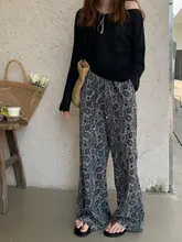 感のあるヴィンテージ風ブラックグレーのカシュクール柄ストレートカジュアルパンツ【薄手・夏用・ロング丈】