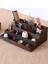 天然木製 テーブル用収納ボックス【茶道具・茶杯スタンド・棚付き】