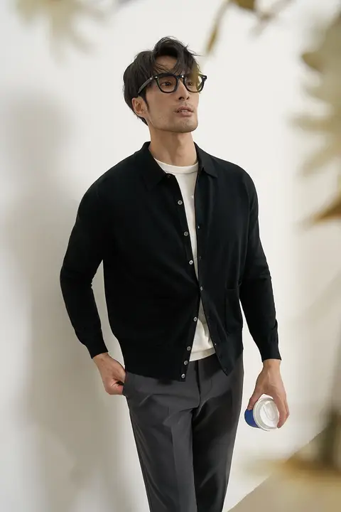 洗えるコットンカシミヤ長袖ポロ襟カーディガン【メンズ・ニット・フロント開き】