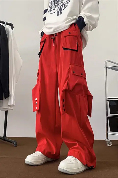 メンズ春用カジュアルワークパンツ【多ポケット・ウエスト紐・ワイドレッグ・ストレート】