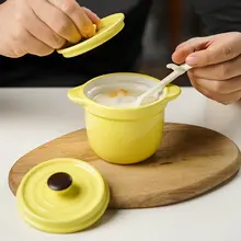 湯呑み 耐水調理器 家庭用 二つ耳 陶器 蓋付き 茹で卵 赤ちゃん用 離乳食 ボウル マカロン色