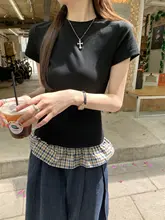 ヴィンテージチェック柄のフレアトップス【夏用・女性・ドレープデザイン・スリムフィット】（セットアップ対応）