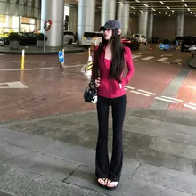 高身長用のストレッチデニムパンツ【ハイウエスト・スリムフィット・ブラック・フレアデザイン】