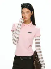 春季新作のピンクストライプ長袖Tシャツ【レトロ風・二重デザイン】（セットアップ対応）