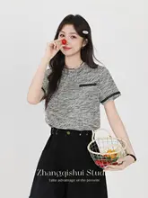 グレーの半袖ニットTシャツ【ラウンドネック・レディース・滑らかな肌触り】