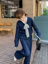 おしゃれなデザイン！デニム生地リボン付きブラウス＆ワイドパンツ（セットアップ対応）