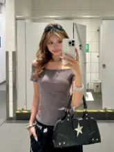 オフショルダー 半袖Tシャツ レディース クロス柄 発泡プリント ウエストマーク 着痩せ クロップドトップス 夏 アメカジ ヴィンテージ 「BeOurRule」
