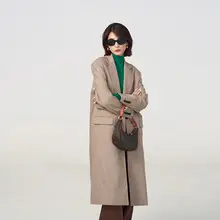 CMORE コットンウール混合 レディース中長丈チェック柄トレンチコート【ゆったりシルエット・ワンボタン】