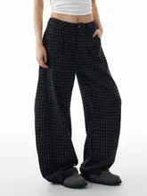 チェック柄パンツ【レトロスタイル・ストレート・ゆったり・ボトムス】