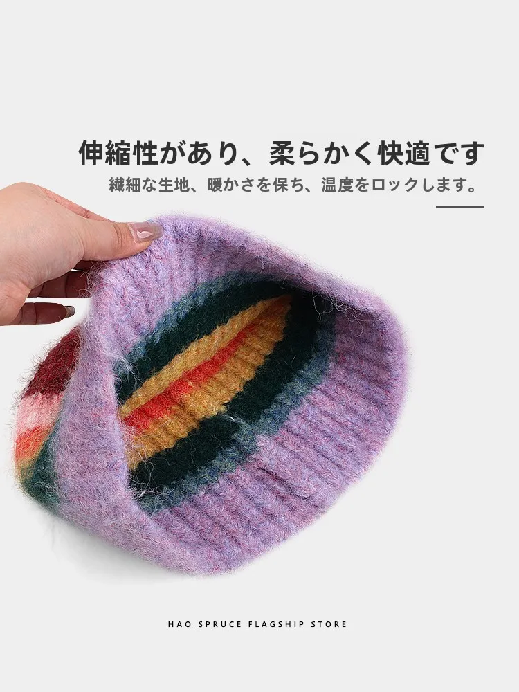 カラフルストライプの毛糸ニットキャップ：秋冬に最適なレトロデザインの防寒機能を実証
