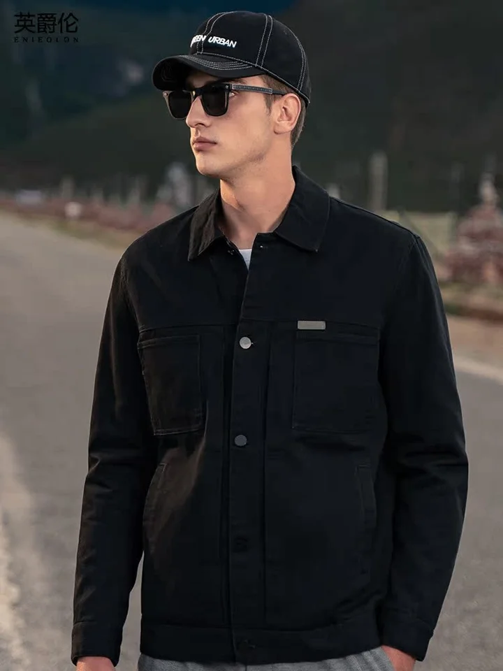 極上の柔らかさの純綿ワークジャケット【フラップカラー・カジュアル・ブラック】