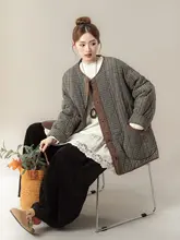 クラシックチェック柄の厚手中綿コート【ゆったりシルエット・ラウンドネック・秋冬用】
