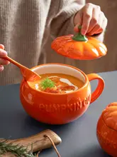 可愛い陶器の南瓜デザインマグカップ【フタ付き・スプーン付き・朝食用】