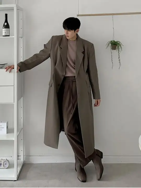 春用 メンズ長袖トレンチコート【膝下丈・ルーズフィット・韓国風デザイン】