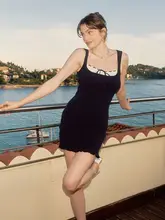 AZURIERA フレンチスタイル 背心付きミニスカート【ダークブルー・テンセルコットンミックス・ウエスト絞り】