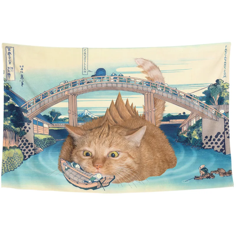 オリジナルデザインのオレンジ猫イラストと五頭の牛の浮世絵壁掛け布：ジブリ風PC壁紙との違いと実用性