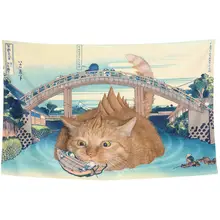 オリジナルデザインのオレンジ猫イラストと五頭の牛の浮世絵【葛飾北斎・神奈川の波】壁掛け布
