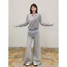 バイカラーデザインの襟付き長袖ニットトップス【秋用・カジュアル・韓国風】（セットアップ対応）