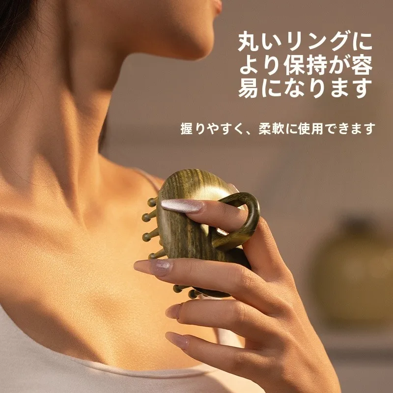 緑檀木製ラウンドマッサージブラシ：ヘッドスパで頭痛を和らげるための実用的な頭皮ケアツール
