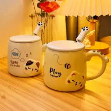 可愛い猫デザインの陶器製マグカップ【蓋付き・スプーン付き・家庭用・コーヒー・ミルク】