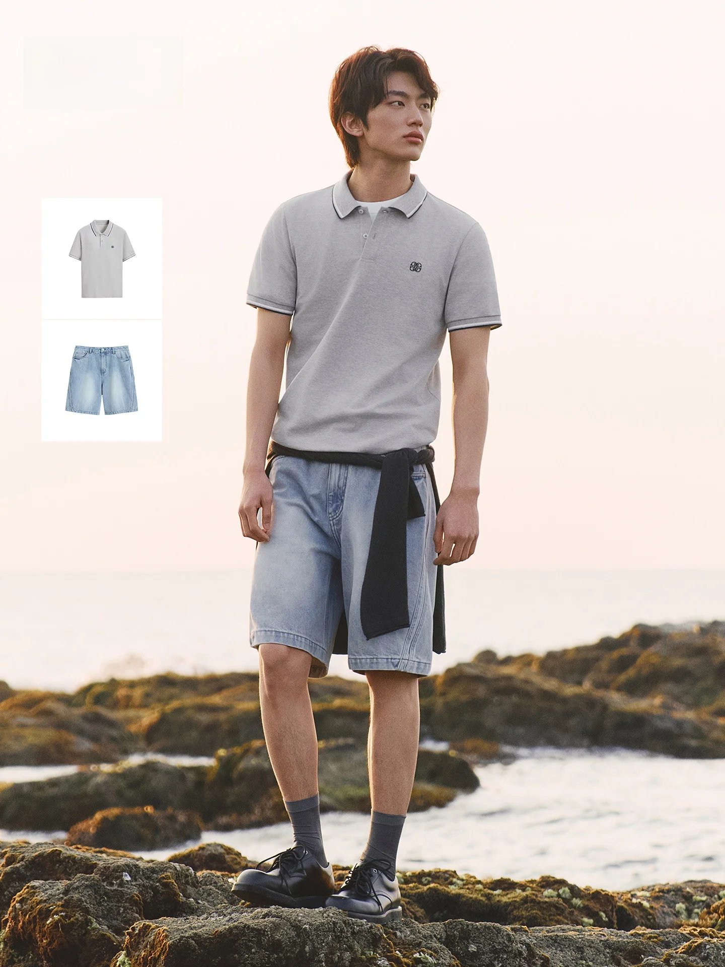 夏のフォーマルメンズとしてのシックな服装：GXGの夏用ポロシャツとデニムショートパンツセット