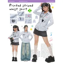 ブルーストライプウエスト絞りコットン長袖シャツ【女性用・秋季新作・プリントデザイン】