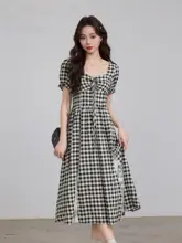 夏用レース切替チェック柄Aラインワンピース【特徴的なウエストデザイン・女性用】