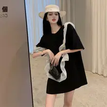 黒の短袖Tシャツ【ゆったりデザイン・中長丈・ワンピース風】