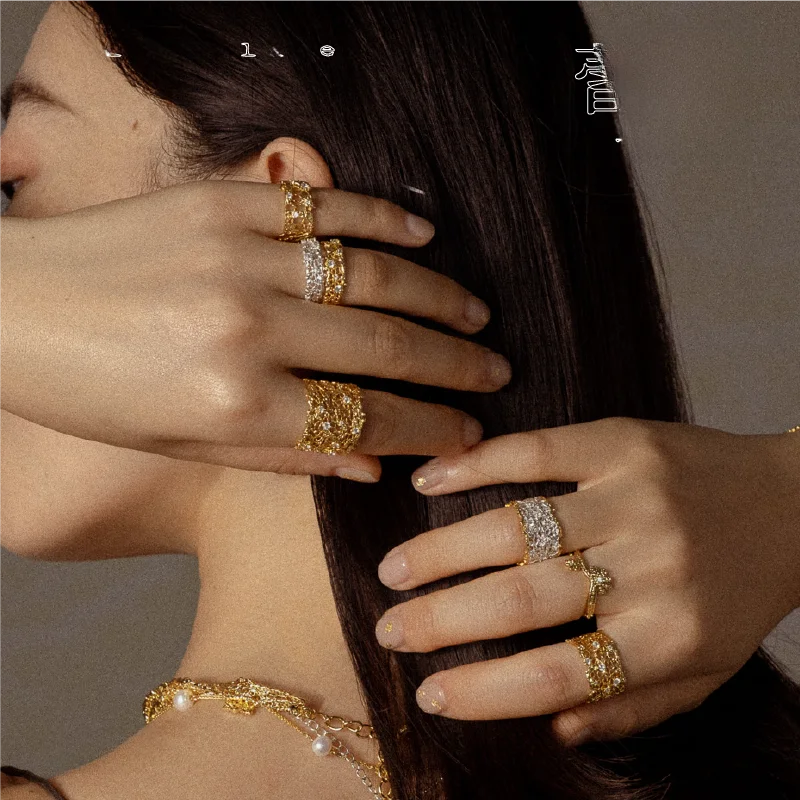 レースデザインの925銀製リング【18K金メッキ・オープン調節可能・ヴィンテージスタイル】