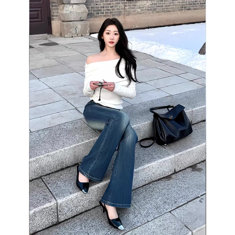 175cm対応 レディース 美容デニムパンツ【アメリカンスタイル・ロング・深い青・フレアロングパンツ】