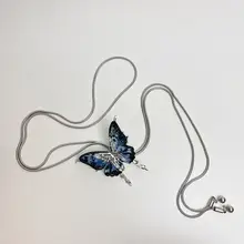ブルー蝶デザインのロングネックレス【調整可能・骨チェーン・ファッションアクセサリー】