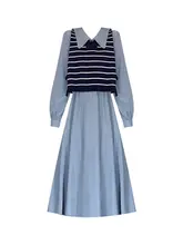 大きいサイズのストライプニットベスト付きドレス【春用・フレンチスタイル・シャツドレス・二部構成】（セットアップ対応）