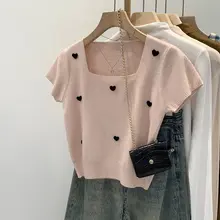 立体ハートデザインのスクエアネック短袖ニットトップス【女性用・個性的・春夏向け】