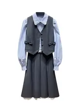 学院風の少女向け刺繡レースストライプシャツ・蝶結びベスト・ミディスカート（セットアップ対応）