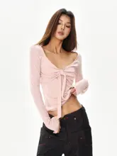 フリル付きリボンデザインVネックトップス【春季・極上の柔らかさ・フィット感のあるスタイル】