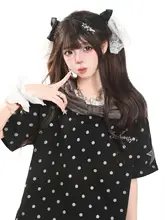 学院スタイルの可愛いドット柄リボン付き半袖Tシャツ【夏用・フィット・カジュアル】