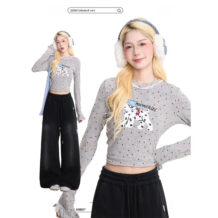 犬のプリントドット柄長袖Tシャツ【レトロ・秋用・女性用・スリムフィット】