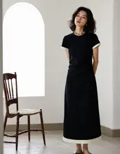 カラーコンビネーションの短袖ドレッシングガウン【レディース・黒・ゆったりシルエット・夏用】（セットアップ対応）