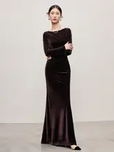 ワンピース ロング ドレス【ワインレッド サテン ロングスリーブ・ウエストリボン・フィッシュテールデザイン】