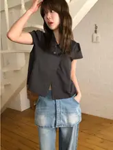 レトロデザインのダブルブレストバルーンスリーブシャツ【学院風・夏用・フィット】