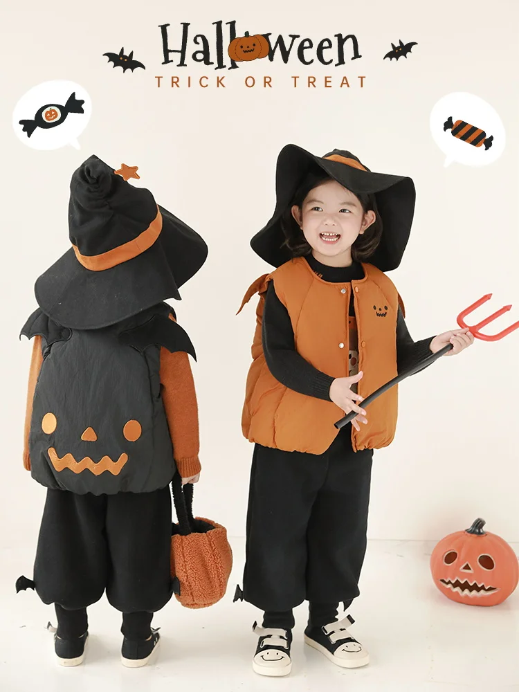 ハロウィンに必要な子供の仮装アイテム：可愛らしいデザインの立体翅膀付き南瓜コットンベスト