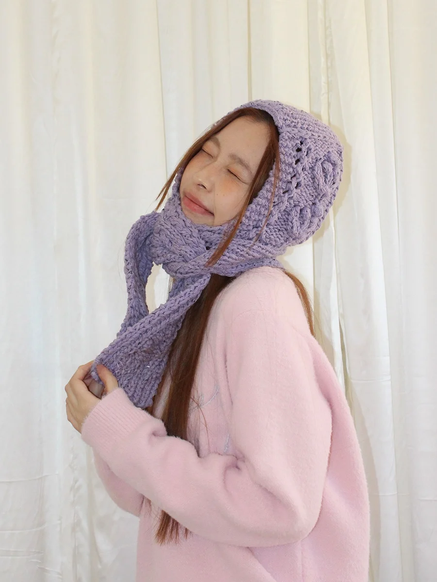 レトロニット刺繍フード付きスカーフハット：韓国風カジュアルスタイルの実用性と使い分け